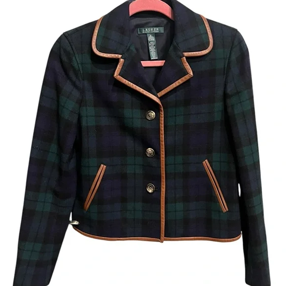 Ralph Lauren Women's Navy Blue, Green Plaid Jacket with brown leather trim acc